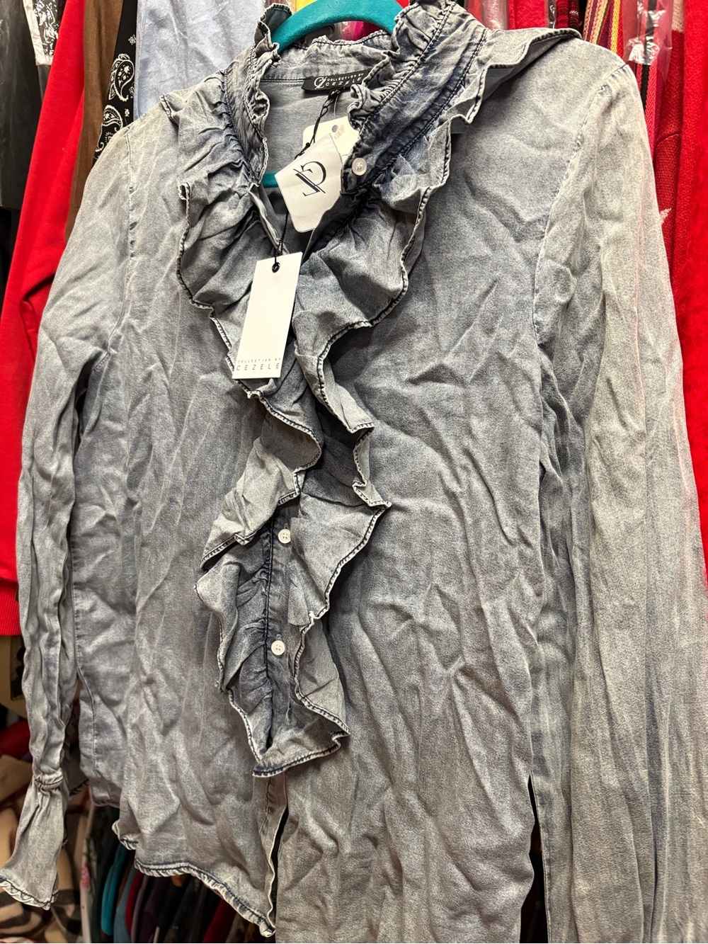 Zele Light Gray Ruffle-Front Denim Jacket - Picture 2 of 3